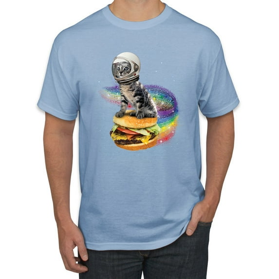 Funny Graphic Astronaut Cat in Space on Cheeseburger | Mens Cat Lover Graphic T-Shirt, Light Blue, X-Large