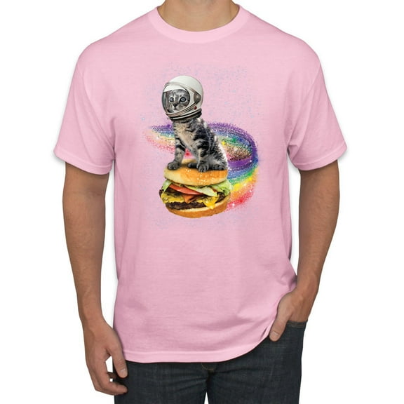 Funny Graphic Astronaut Cat in Space on Cheeseburger | Mens Cat Lover Graphic T-Shirt, Light Pink, X-Large
