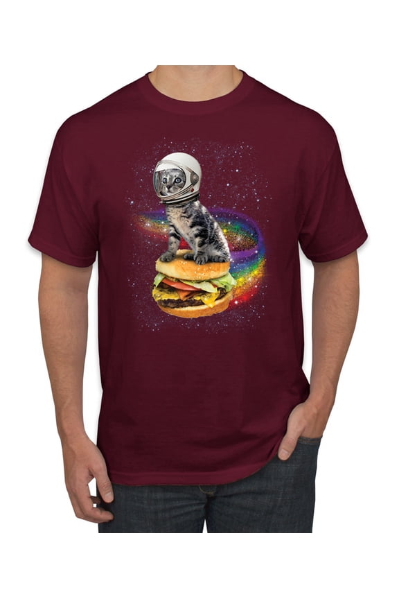 Funny Graphic Astronaut Cat in Space on Cheeseburger | Mens Cat Lover Graphic T-Shirt, Maroon, Small