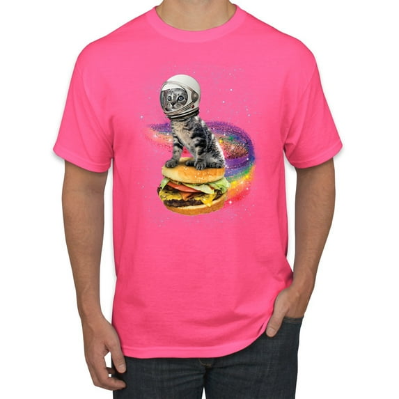 Funny Graphic Astronaut Cat in Space on Cheeseburger | Mens Cat Lover Graphic T-Shirt, Neon Pink, Large