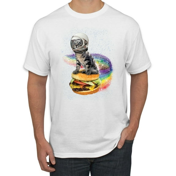 Funny Graphic Astronaut Cat in Space on Cheeseburger | Mens Cat Lover Graphic T-Shirt, White, Small