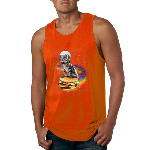 Funny Graphic Astronaut Cat in Space on Cheeseburger | Mens Cat Lover Graphic Tank Top, Orange, Medium