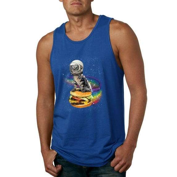 Funny Graphic Astronaut Cat in Space on Cheeseburger | Mens Cat Lover Graphic Tank Top, Royal, Large