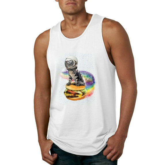 Funny Graphic Astronaut Cat in Space on Cheeseburger | Mens Cat Lover Graphic Tank Top, White, Medium