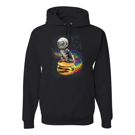 Funny Graphic Astronaut Cat in Space on Cheeseburger | Mens Cat Lover Hooded Sweatshirt Graphic Hoodie, Black, Small