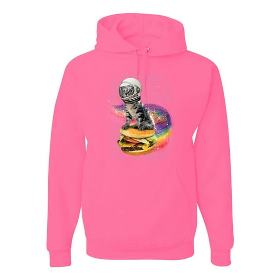 Funny Graphic Astronaut Cat in Space on Cheeseburger | Mens Cat Lover Hooded Sweatshirt Graphic Hoodie, Neon Pink, X-Large
