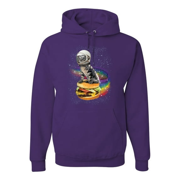 Funny Graphic Astronaut Cat in Space on Cheeseburger | Mens Cat Lover Hooded Sweatshirt Graphic Hoodie, Purple, Medium