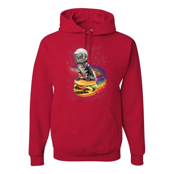Funny Graphic Astronaut Cat in Space on Cheeseburger | Mens Cat Lover Hooded Sweatshirt Graphic Hoodie, Red, 3XL