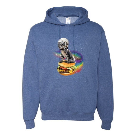 Funny Graphic Astronaut Cat in Space on Cheeseburger | Mens Cat Lover Hooded Sweatshirt Graphic Hoodie, Vintage Heather Blue, Medium