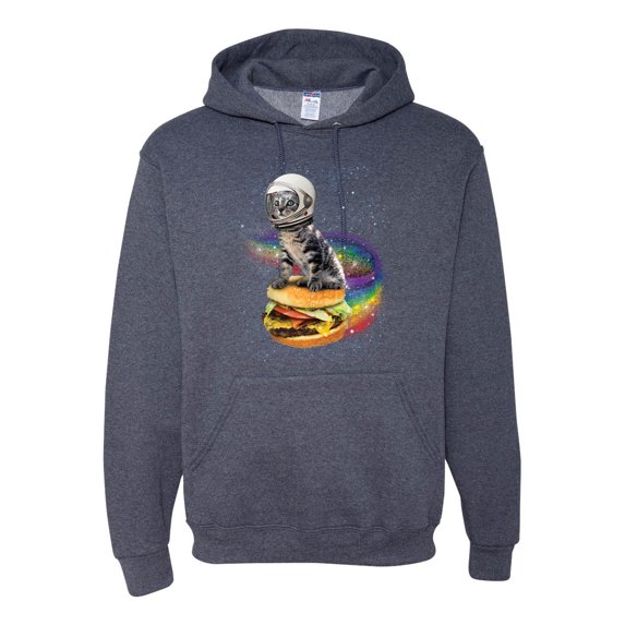 Funny Graphic Astronaut Cat in Space on Cheeseburger | Mens Cat Lover Hooded Sweatshirt Graphic Hoodie, Vintage Heather Navy, Small