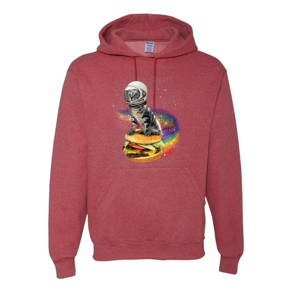 Funny Graphic Astronaut Cat in Space on Cheeseburger | Mens Cat Lover Hooded Sweatshirt Graphic Hoodie, Vintage Heather Red, 2XL