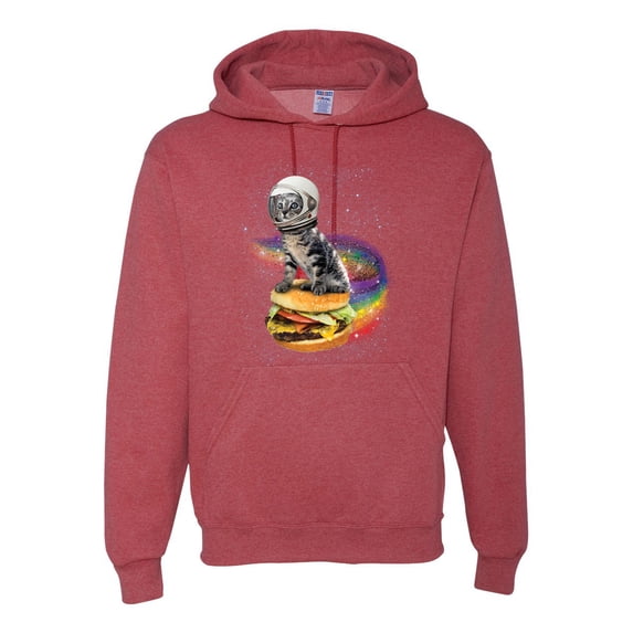 Funny Graphic Astronaut Cat in Space on Cheeseburger | Mens Cat Lover Hooded Sweatshirt Graphic Hoodie, Vintage Heather Red, Large