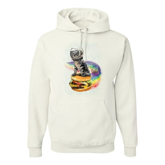 Funny Graphic Astronaut Cat in Space on Cheeseburger | Mens Cat Lover Hooded Sweatshirt Graphic Hoodie, White, X-Large