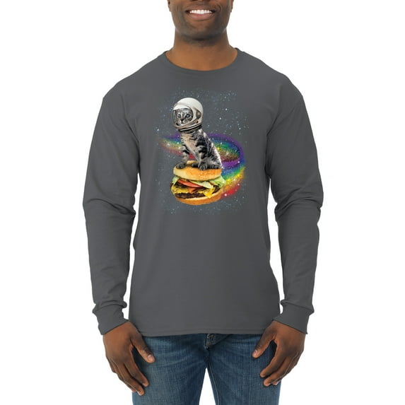 Funny Graphic Astronaut Cat in Space on Cheeseburger | Mens Cat Lover Long Sleeve T-Shirt, Charcoal, X-Large