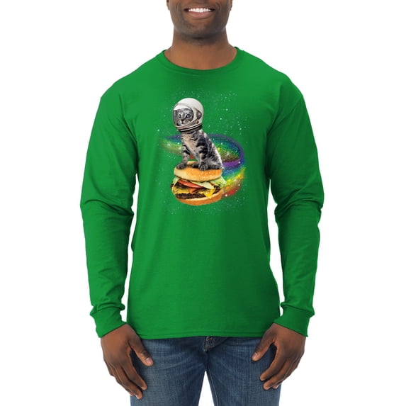 Funny Graphic Astronaut Cat in Space on Cheeseburger | Mens Cat Lover Long Sleeve T-Shirt, Kelly, Small