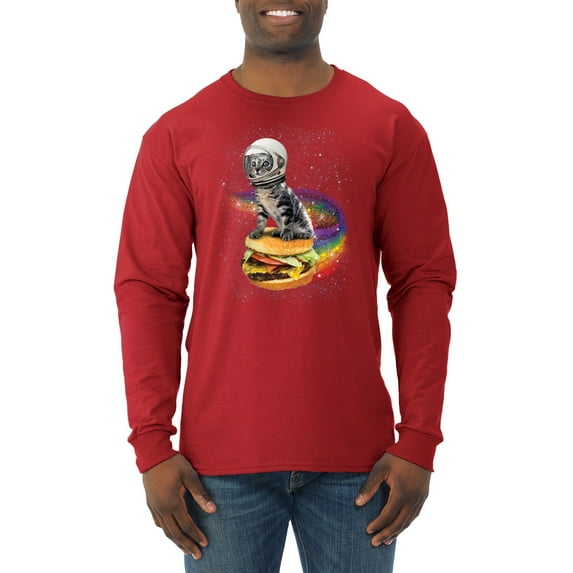 Funny Graphic Astronaut Cat in Space on Cheeseburger | Mens Cat Lover Long Sleeve T-Shirt, Red, 2XL