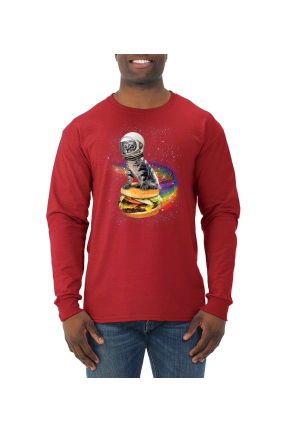 Funny Graphic Astronaut Cat in Space on Cheeseburger | Mens Cat Lover Long Sleeve T-Shirt, Red, 3XL