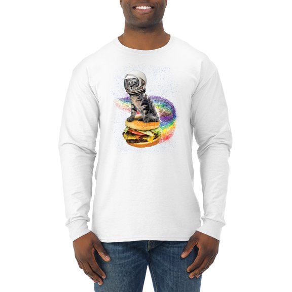 Funny Graphic Astronaut Cat in Space on Cheeseburger | Mens Cat Lover Long Sleeve T-Shirt, White, Small