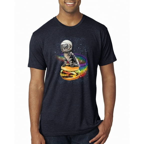Funny Graphic Astronaut Cat in Space on Cheeseburger | Mens Cat Lover Premium Tri Blend T-Shirt, Vintage Navy, Large