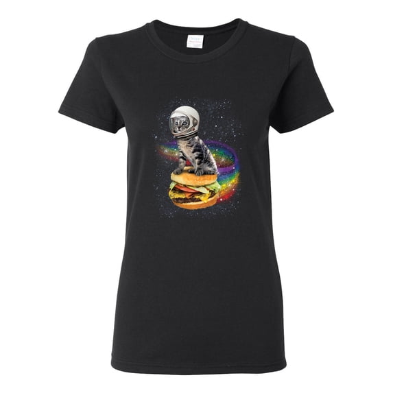 Funny Graphic Astronaut Cat in Space on Cheeseburger | Womens Cat Lover Graphic T-Shirt, Black, Small