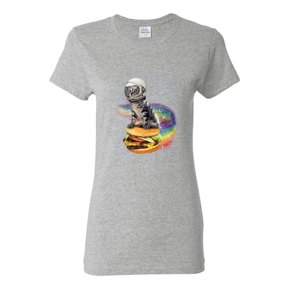 Funny Graphic Astronaut Cat in Space on Cheeseburger | Womens Cat Lover Graphic T-Shirt, Heather Grey, Medium
