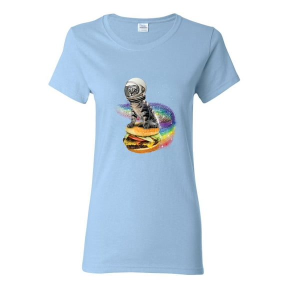 Funny Graphic Astronaut Cat in Space on Cheeseburger | Womens Cat Lover Graphic T-Shirt, Light Blue, X-Large