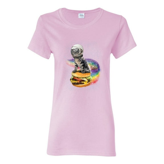 Funny Graphic Astronaut Cat in Space on Cheeseburger | Womens Cat Lover Graphic T-Shirt, Light Pink, Large