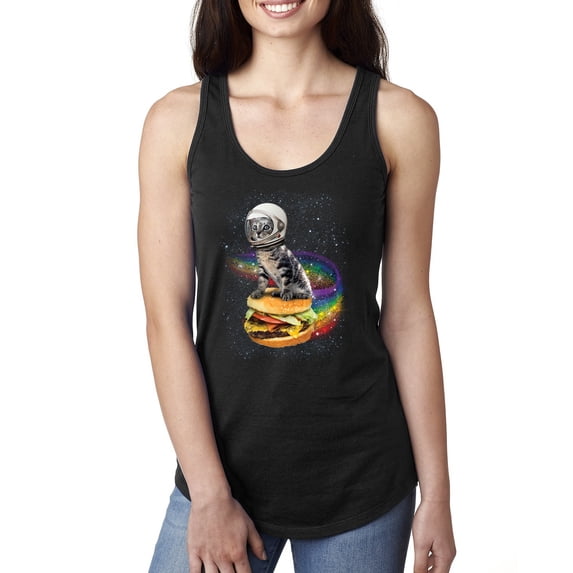 Funny Graphic Astronaut Cat in Space on Cheeseburger | Womens Cat Lover Jersey Racerback Tank Top, Black, Small