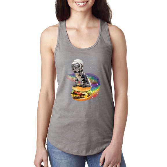 Funny Graphic Astronaut Cat in Space on Cheeseburger | Womens Cat Lover Jersey Racerback Tank Top, Heather Grey, Small