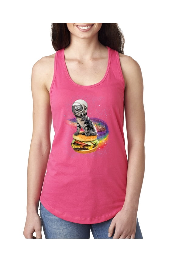 Funny Graphic Astronaut Cat in Space on Cheeseburger | Womens Cat Lover Jersey Racerback Tank Top, Hot Pink, Large