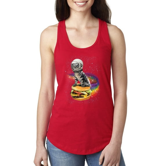 Funny Graphic Astronaut Cat in Space on Cheeseburger | Womens Cat Lover Jersey Racerback Tank Top, Red, X-Large