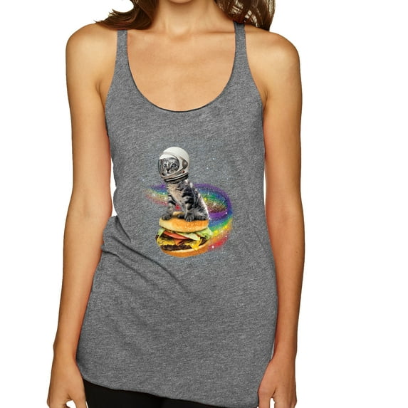 Funny Graphic Astronaut Cat in Space on Cheeseburger | Womens Cat Lover Premium Tri-Blend Racerback Tank Top, Premium Heather, Small