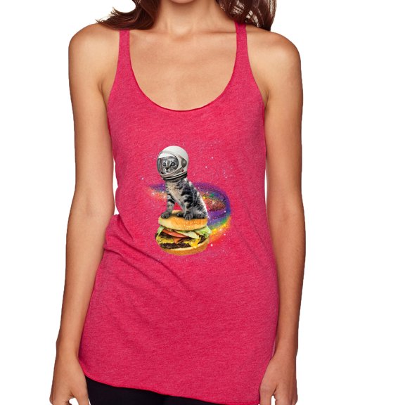 Funny Graphic Astronaut Cat in Space on Cheeseburger | Womens Cat Lover Premium Tri-Blend Racerback Tank Top, Shocking Pink, Large