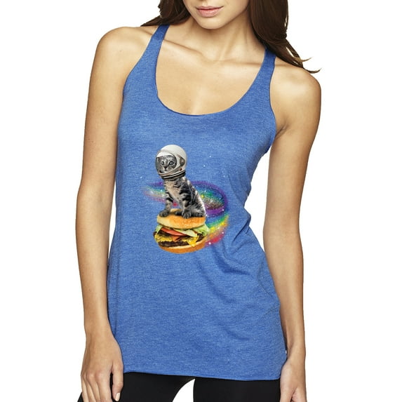 Funny Graphic Astronaut Cat in Space on Cheeseburger | Womens Cat Lover Premium Tri-Blend Racerback Tank Top, Vintage Royal, Small