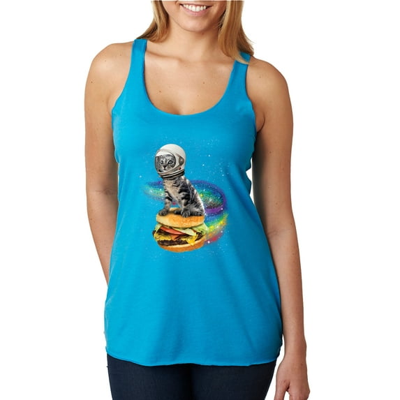 Funny Graphic Astronaut Cat in Space on Cheeseburger | Womens Cat Lover Premium Tri-Blend Racerback Tank Top, Vintage Turquoise, X-Large