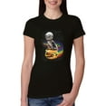 thumbnail image 1 of Funny Graphic Astronaut Cat in Space on Cheeseburger | Womens Cat Lover Slim Fit Junior Tee, Black, Small, 1 of 3