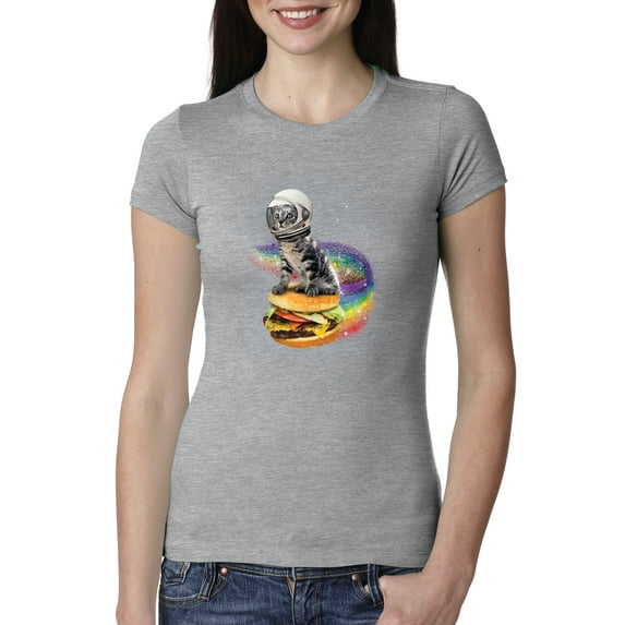 Funny Graphic Astronaut Cat in Space on Cheeseburger | Womens Cat Lover Slim Fit Junior Tee, Heather Grey, Small