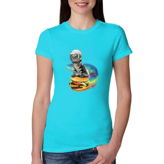 Funny Graphic Astronaut Cat in Space on Cheeseburger | Womens Cat Lover Slim Fit Junior Tee, Tahiti Blue, Small
