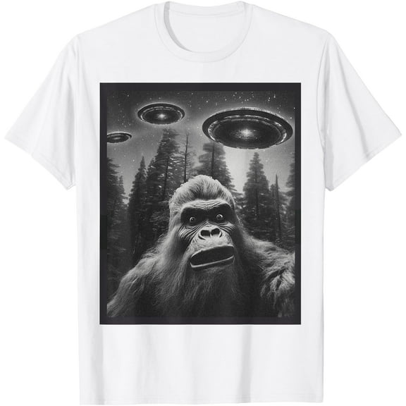 Funny Graphic Bigfoot Sasquatch Alien UFO Unisex T-Shirt for Men Women Kids,White Color,Size L