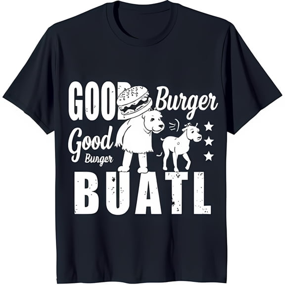 Funny Graphic Black T-Shirt with Bear and Dog 'Good Burger Good Burger' Design