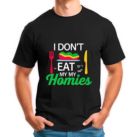 Funny Graphic Cotton Short Sleeve T-Shirt - " I DON'T EAT MY HOMIES " with Plate Fork & Knife Design - Casual Street Art Style Tee