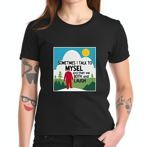 Funny Graphic Cotton Short Sleeve T-Shirt - 'Sometimes I Talk to Myself' with Whimsical Illustration & Adorable Red Figure
