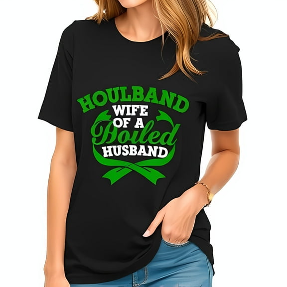 Funny Graphic Cotton Short Sleeve T-Shirt - " Soulband Wife of a Boiled Husband " with Green Ribbon Accents - Relaxed Fit Casual Tee