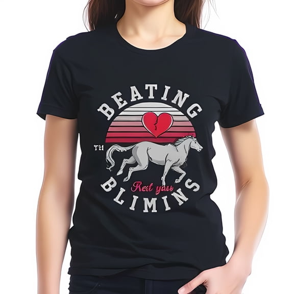 Funny Graphic Cotton T-Shirt for Women - Galloping Horse & Broken Heart Design with " BEATING BLIMINS " Text