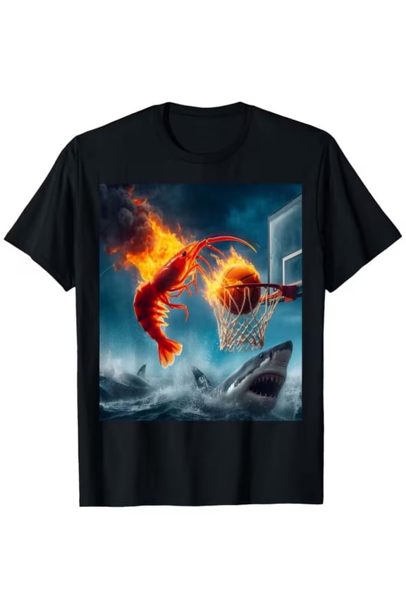 Funny Graphic Flaming Shrimp Basketball Dunking Vintage Grunge Y2k Cotton Men's Women's T-Shirt