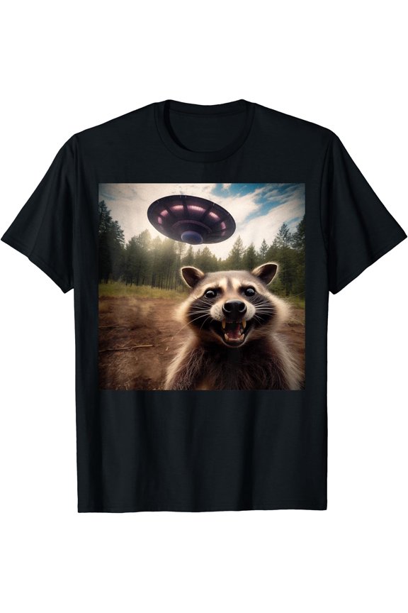 Funny Graphic Racoon Selfie With Ufos Weird T-Shirt