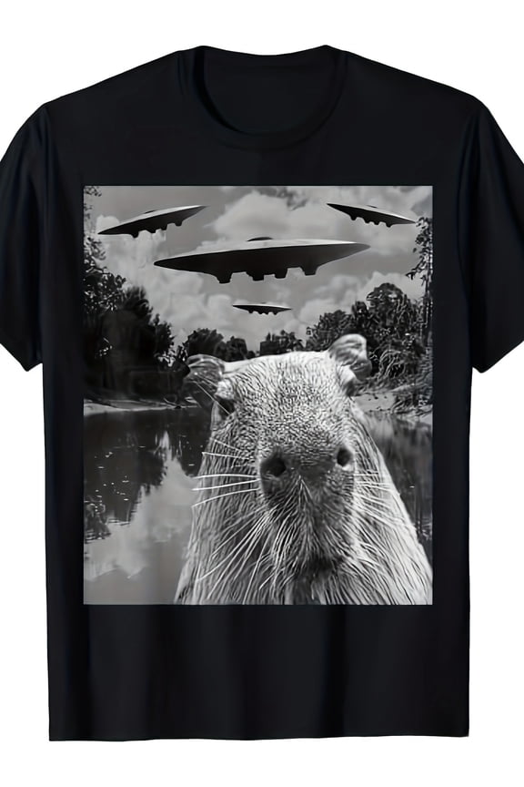 Funny Graphic Tee Capybara Selfie With UFOs Weird T-Shirt