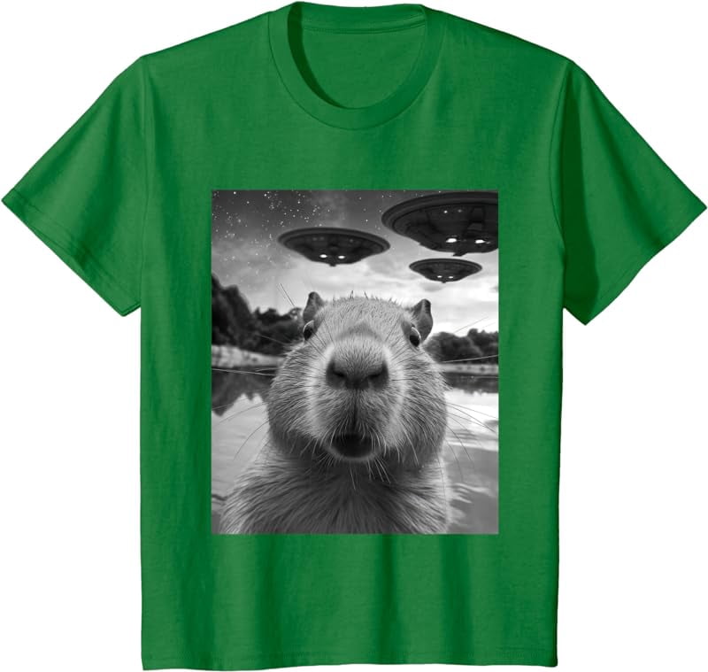Witziger Capybara Duschvorhang Mit UFO-Selfie – Schwarz-Weiß Retro Design, 178x178 Cm, Inkl. 12 Haken