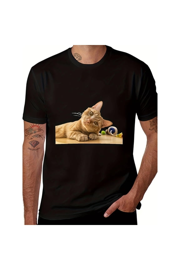 Funny Graphic Tee,Tops Has Adorable Ginger Kitten Print,Round Neck Regular Fit T-shirts, Size(S-5XL)