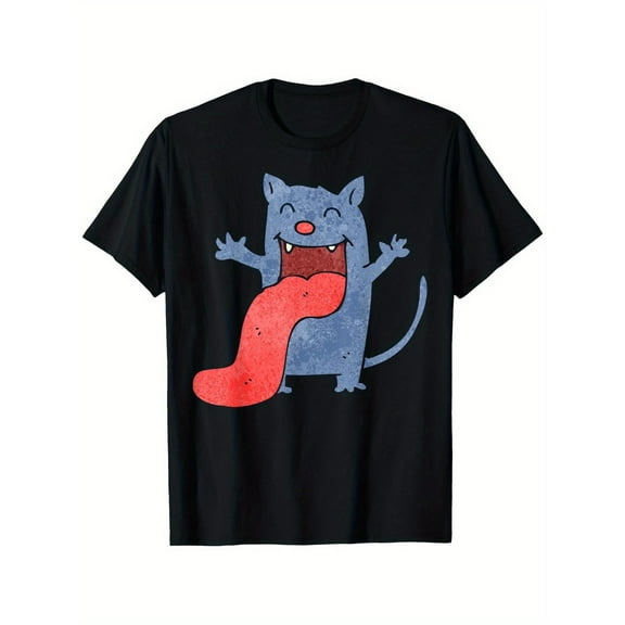 Funny Graphic Tee,Tops Has Cartoon Cat with Tongue Graphic,Round Neck Regular Fit T-shirts, Size(S-5XL)